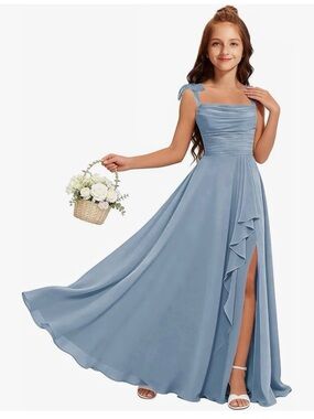 Junior Bridesmaid Dress Light Blue Girls' Formal Dress with Bow Straps